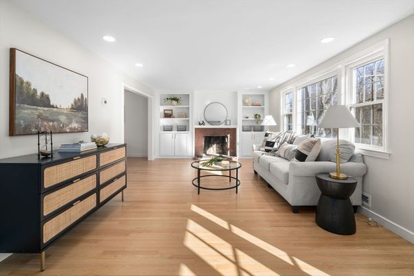 Fireplace, Interior, Living room, Recessed Lighting, Wood Texture Flooring