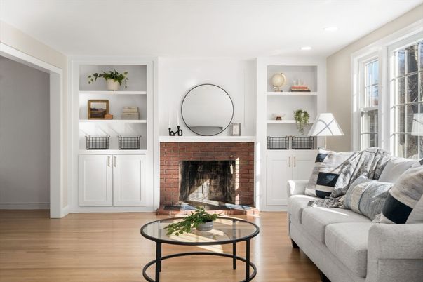 Fireplace, Interior, Living room, Recessed Lighting, Wood Texture Flooring