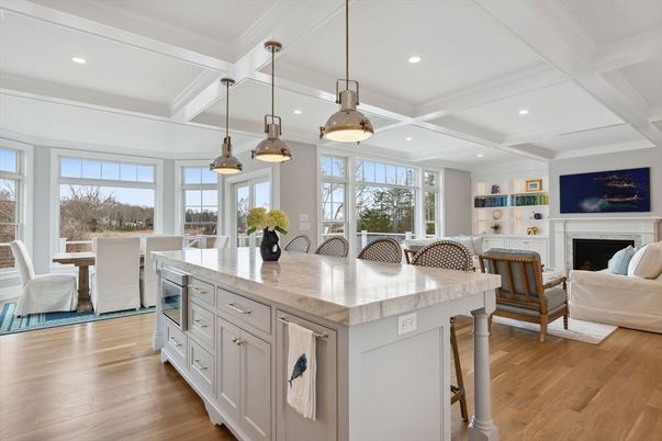 Fireplace, Interior, Kitchen, Living room, Pendant Lights, Recessed Lighting, Wood Texture Flooring