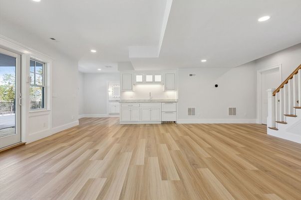 Empty room, Interior, Kitchen, Recessed Lighting, Wood Texture Flooring