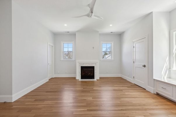 Empty room, Fireplace, Interior, Recessed Lighting, Wood Texture Flooring