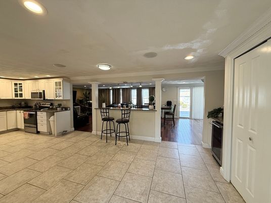 Interior, Kitchen, Living room, Recessed Lighting, Stainless Steel Appliances, Wood Texture Flooring