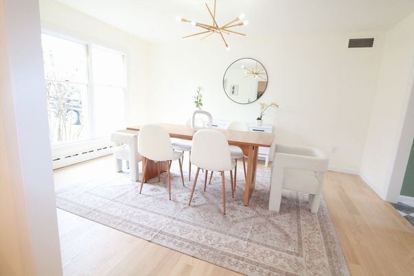Dining room, Interior, Pendant Lights, Wood Texture Flooring