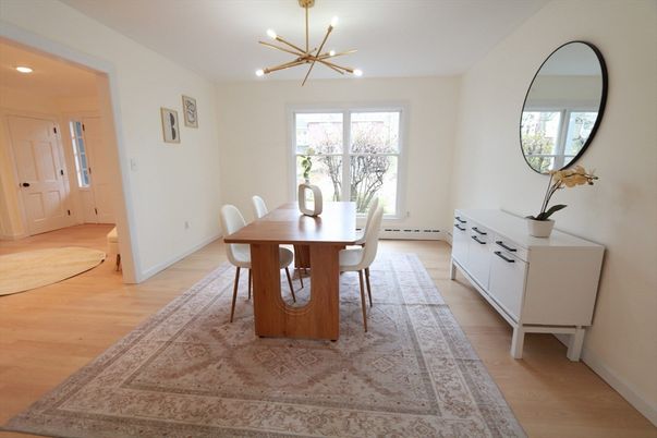 Dining room, Interior, Pendant Lights, Recessed Lighting, Wood Texture Flooring