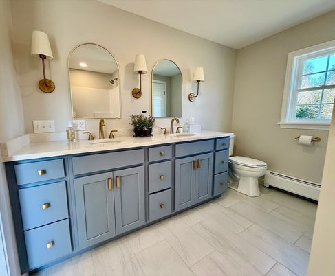 Bathroom, Dual Sink Vanities, Interior, Recessed Lighting, Wood Texture Flooring