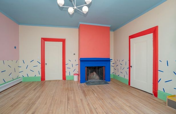 Empty room, Fireplace, Interior, Pendant Lights, Wood Texture Flooring