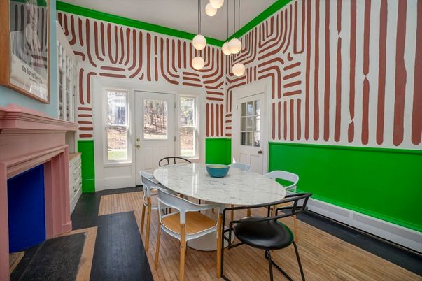 Dining room, Interior, Pendant Lights, Wood Texture Flooring