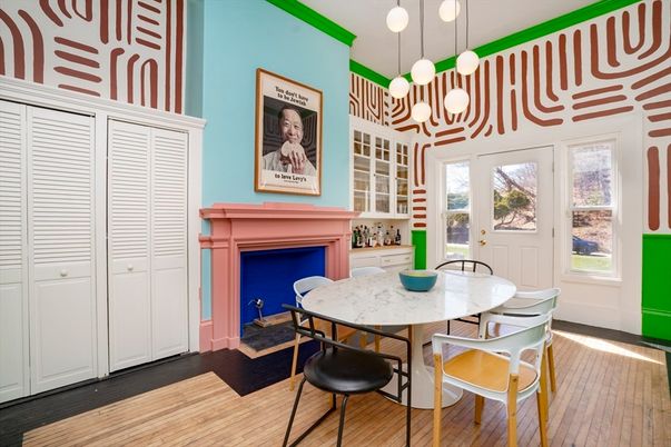 Dining room, Fireplace, Interior, Pendant Lights, Wood Texture Flooring