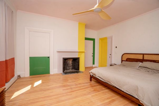 Bedroom, Fireplace, Interior, Wood Texture Flooring