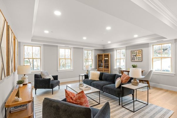 Dining room, Interior, Living room, Recessed Lighting, Wood Texture Flooring