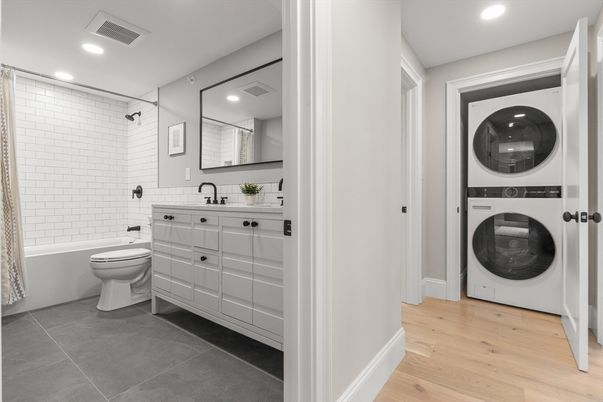 Bathroom, Interior, Recessed Lighting, Washer, Wood Texture Flooring