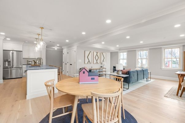 Dining room, Interior, Kitchen, Living room, Pendant Lights, Recessed Lighting, Stainless Steel Appliances, Wood Texture Flooring