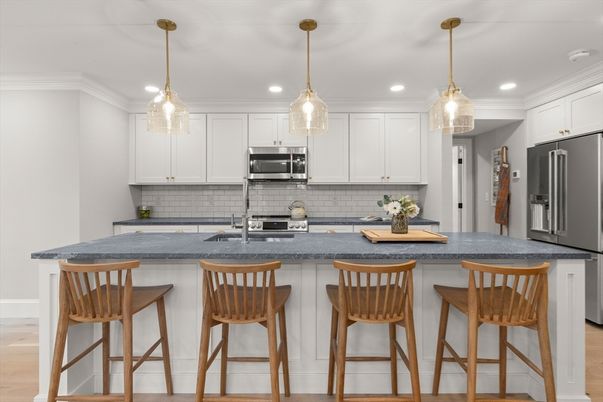 Interior, Kitchen, Pendant Lights, Recessed Lighting, Stainless Steel Appliances, Wood Texture Flooring