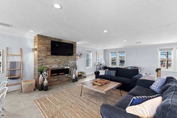 Fireplace, Interior, Living room, Recessed Lighting, Stone Walls