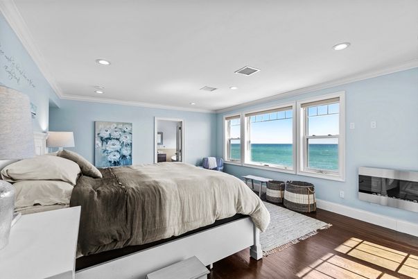 Bedroom, Fireplace, Interior, Recessed Lighting, Water, Wood Texture Flooring
