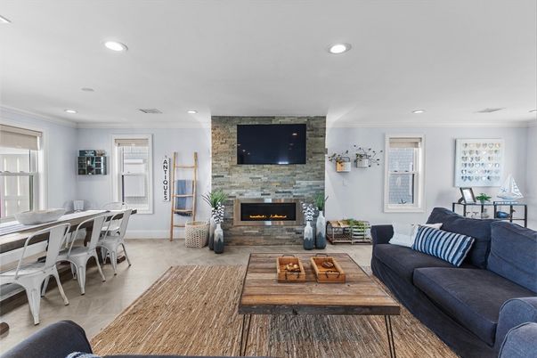 Dining room, Fireplace, Interior, Living room, Recessed Lighting, Stone Walls