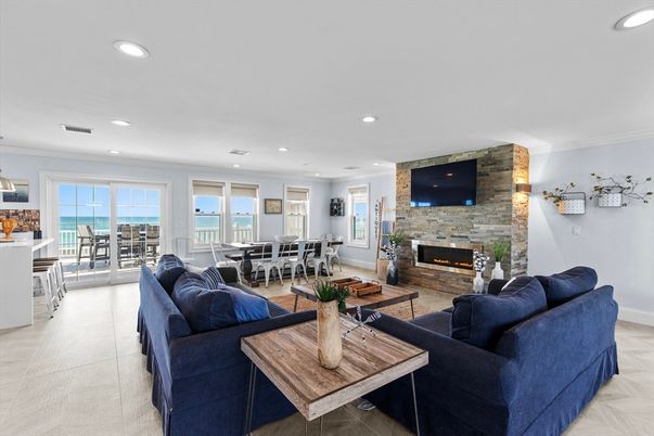 Dining room, Fireplace, Interior, Living room, Recessed Lighting, Stone Walls
