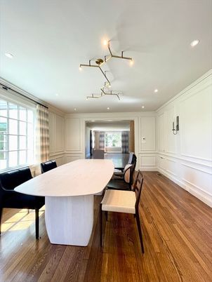Dining room, Interior, Recessed Lighting, Wood Texture Flooring