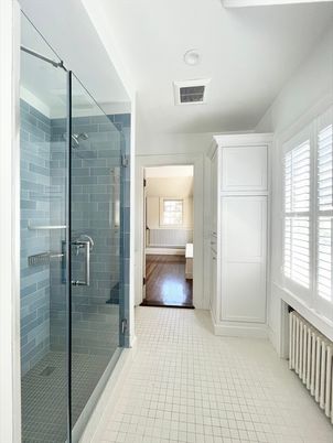 Bathroom, Glass Shower, Interior, Recessed Lighting, Wood Texture Flooring