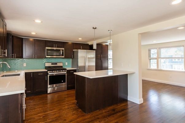 Interior, Kitchen, Pendant Lights, Recessed Lighting, Stainless Steel Appliances, Wood Texture Flooring