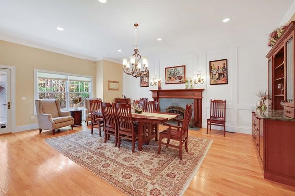 Chandelier, Dining room, Fireplace, Interior, Recessed Lighting, Wood Texture Flooring