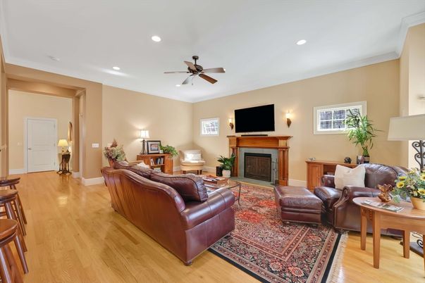 Fireplace, Interior, Living room, Recessed Lighting, Wood Texture Flooring