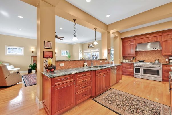 Interior, Kitchen, Pendant Lights, Recessed Lighting, Stainless Steel Appliances, Wood Texture Flooring