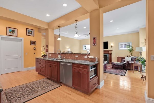 Fireplace, Interior, Kitchen, Living room, Pendant Lights, Recessed Lighting, Wood Texture Flooring
