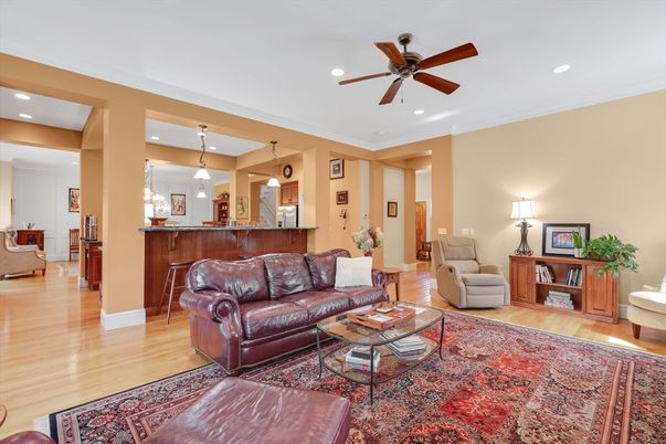 Interior, Living room, Pendant Lights, Recessed Lighting, Wood Texture Flooring