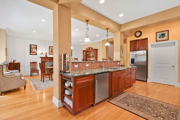 Dining room, Interior, Kitchen, Pendant Lights, Recessed Lighting, Stainless Steel Appliances, Wood Texture Flooring