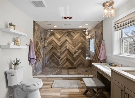 Bathroom, Glass Shower, Interior, Recessed Lighting, Wood Texture Flooring