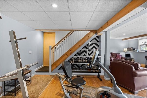 Fitness Equipment, Interior, Recessed Lighting, Wooden Beams, Wood Texture Flooring