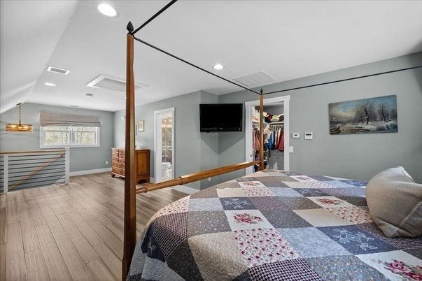 Bedroom, Interior, Pendant Lights, Recessed Lighting, Wood Texture Flooring