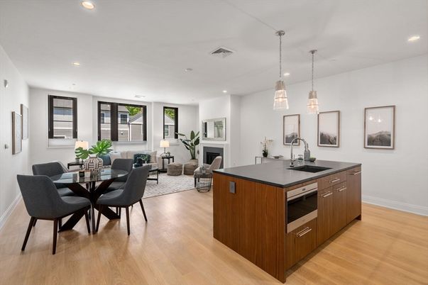 Dining room, Fireplace, Interior, Kitchen, Living room, Pendant Lights, Recessed Lighting, Wood Texture Flooring