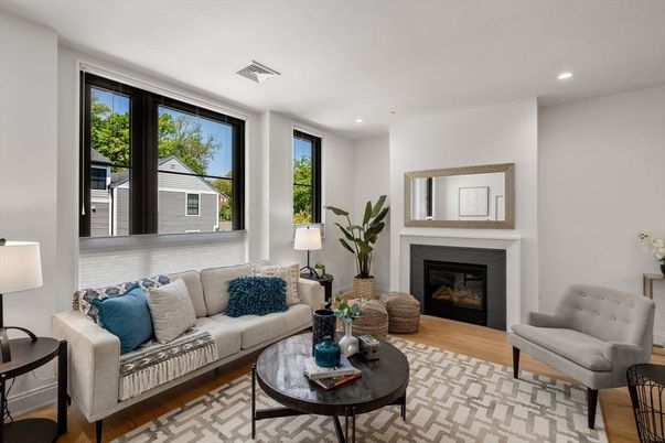 Fireplace, Interior, Living room, Recessed Lighting, Wood Texture Flooring