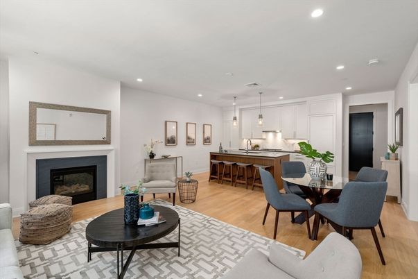 Dining room, Fireplace, Interior, Kitchen, Living room, Pendant Lights, Recessed Lighting, Wood Texture Flooring