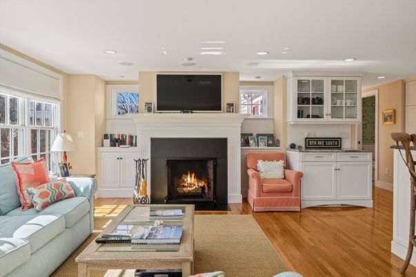 Fireplace, Interior, Living room, Recessed Lighting, Wood Texture Flooring