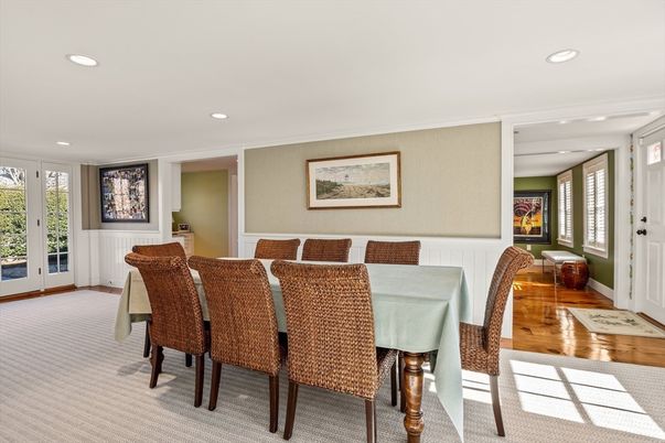 Dining room, Interior, Recessed Lighting, Wood Texture Flooring