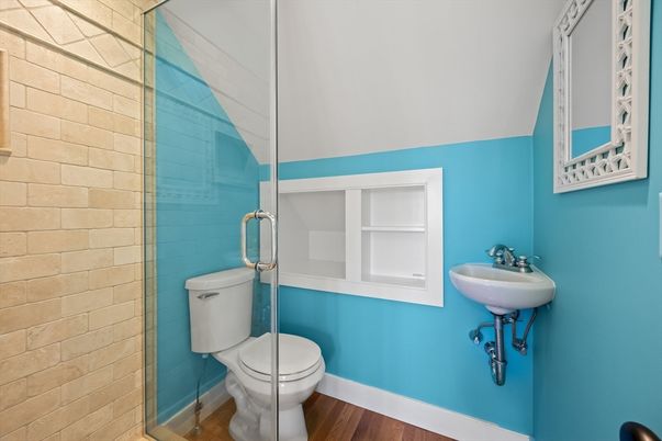 Bathroom, Glass Shower, Interior, Wood Texture Flooring