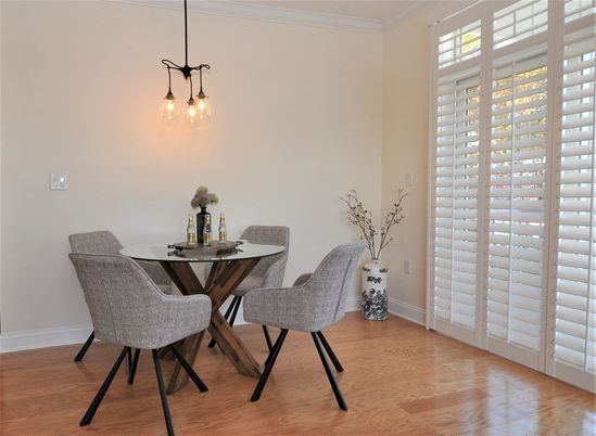 Dining room, Interior, Pendant Lights, Wood Texture Flooring