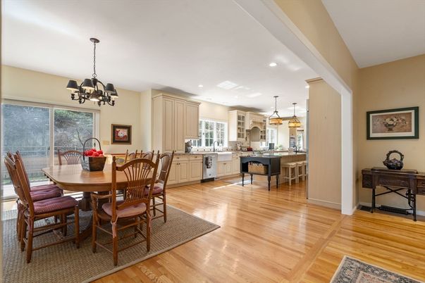Chandelier, Dining room, Interior, Kitchen, Pendant Lights, Recessed Lighting, Wood Texture Flooring