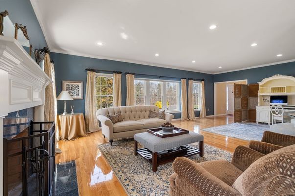 Fireplace, Interior, Living room, Recessed Lighting, Wood Texture Flooring