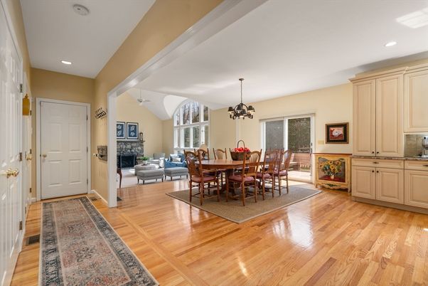 Chandelier, Dining room, Fireplace, Interior, Recessed Lighting, Wood Texture Flooring
