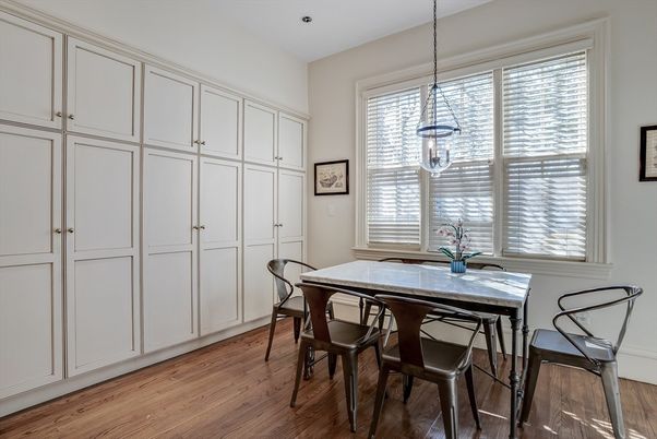 Dining room, Interior, Pendant Lights, Recessed Lighting, Wood Texture Flooring