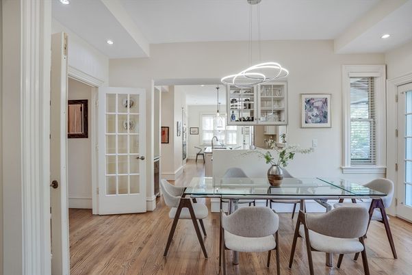 Dining room, Interior, Pendant Lights, Recessed Lighting, Wood Texture Flooring