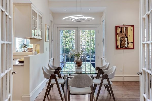 Dining room, Interior, Pendant Lights, Recessed Lighting, Wood Texture Flooring