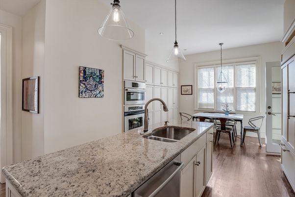 Dining room, Interior, Kitchen, Pendant Lights, Stainless Steel Appliances, Wood Texture Flooring