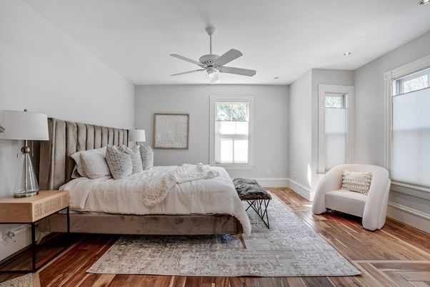 Bedroom, Interior, Recessed Lighting, Wood Texture Flooring