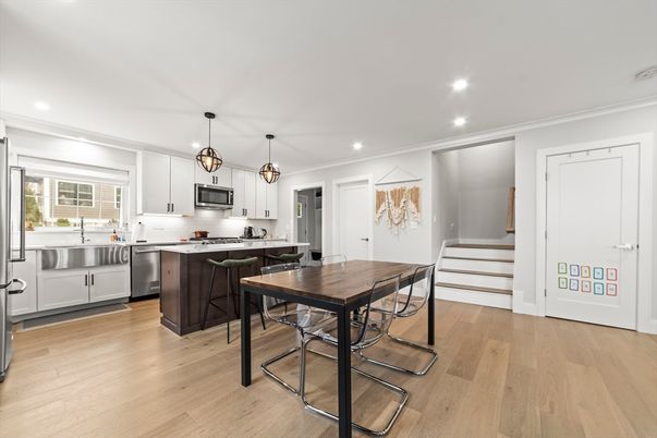 Dining room, Interior, Kitchen, Pendant Lights, Recessed Lighting, Stainless Steel Appliances, Wood Texture Flooring