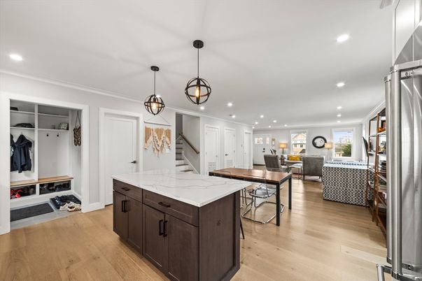 Dining room, Interior, Kitchen, Living room, Pendant Lights, Recessed Lighting, Wood Texture Flooring